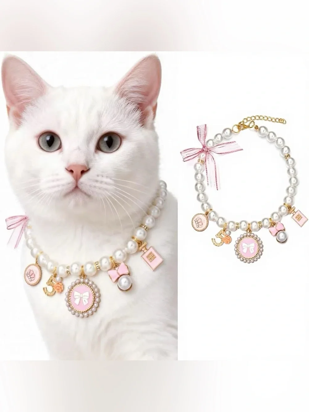 Cute Pearl Dog Cat Collar Necklace Pink and Gold Charms Pet Jewelry Adjustable